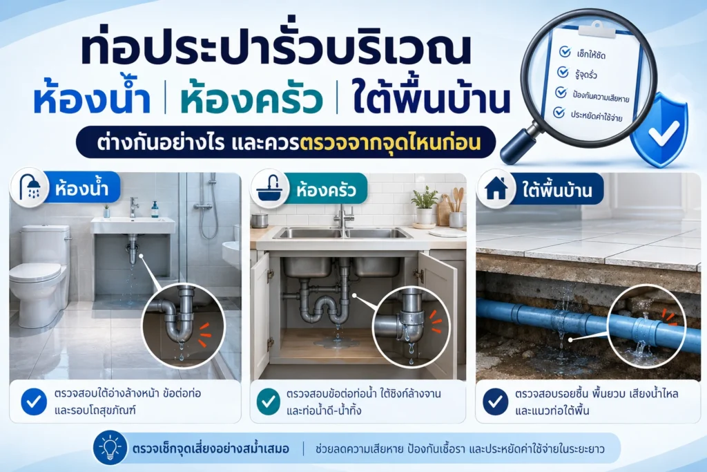 ท่อประปารั่วบริเวณห้องน้ำ ห้องครัว และใต้พื้นบ้าน ต่างกันอย่างไร และควรตรวจจากจุดไหนก่อน