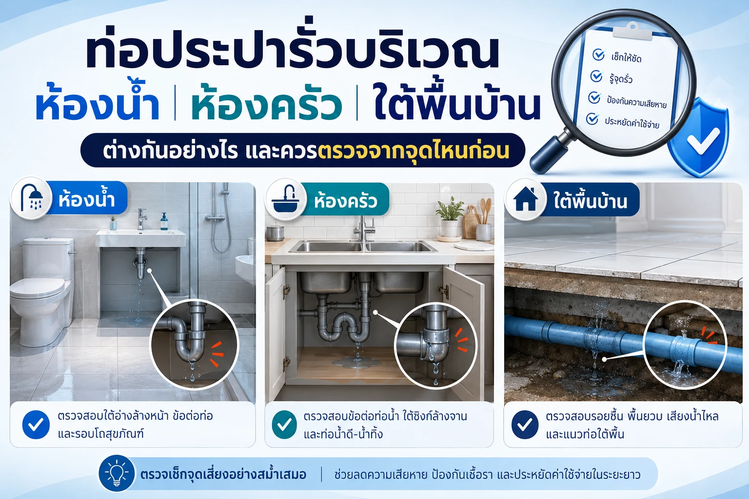 ท่อประปารั่วบริเวณห้องน้ำ ห้องครัว และใต้พื้นบ้าน ต่างกันอย่างไร และควรตรวจจากจุดไหนก่อน